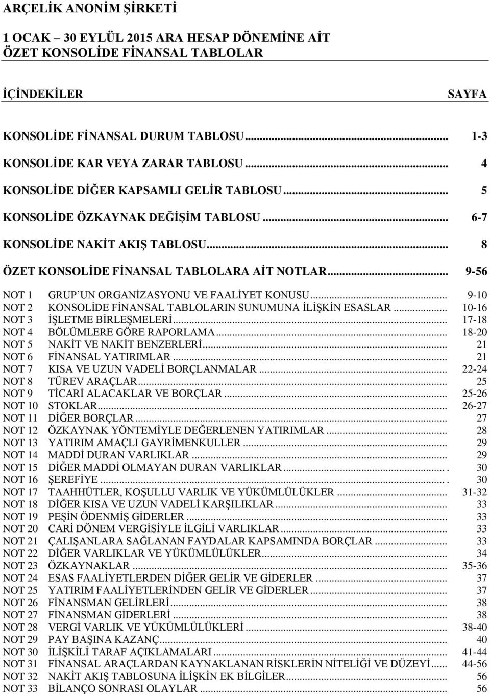 .. 9-56 NOT 1 GRUP UN ORGANİZASYONU VE FAALİYET KONUSU... 9-10 NOT 2 KONSOLİDE FİNANSAL TABLOLARIN SUNUMUNA İLİŞKİN ESASLAR... 10-16 NOT 3 İŞLETME BİRLEŞMELERİ... 17-18 NOT 4 BÖLÜMLERE GÖRE RAPORLAMA.