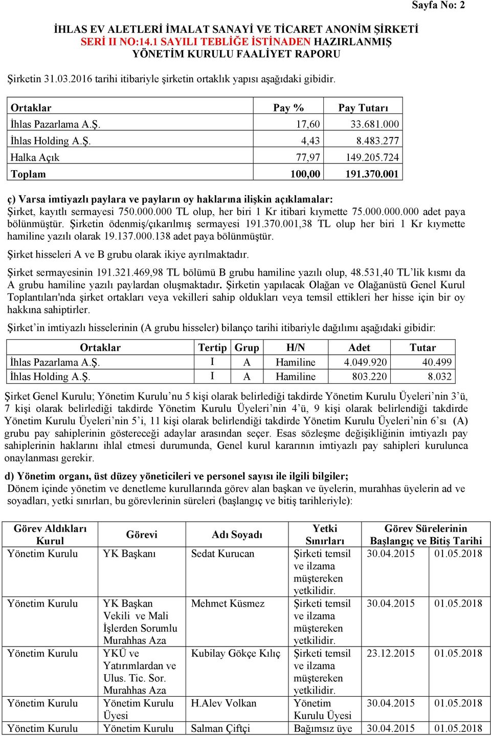 000 TL olup, her biri 1 Kr itibari kıymette 75.000.000.000 adet paya bölünmüştür. Şirketin ödenmiş/çıkarılmış sermayesi 191.370.001,38 TL olup her biri 1 Kr kıymette hamiline yazılı olarak 19.137.000.138 adet paya bölünmüştür.