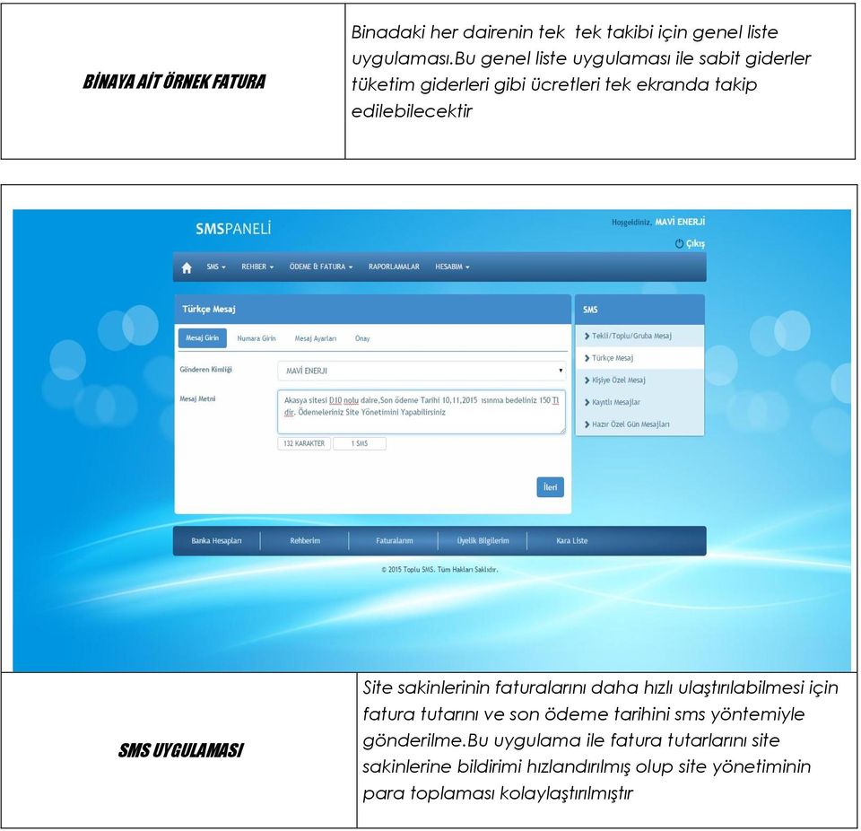 UYGULAMASI Site sakinlerinin faturalarını daha hızlı ulaştırılabilmesi için fatura tutarını ve son ödeme tarihini sms