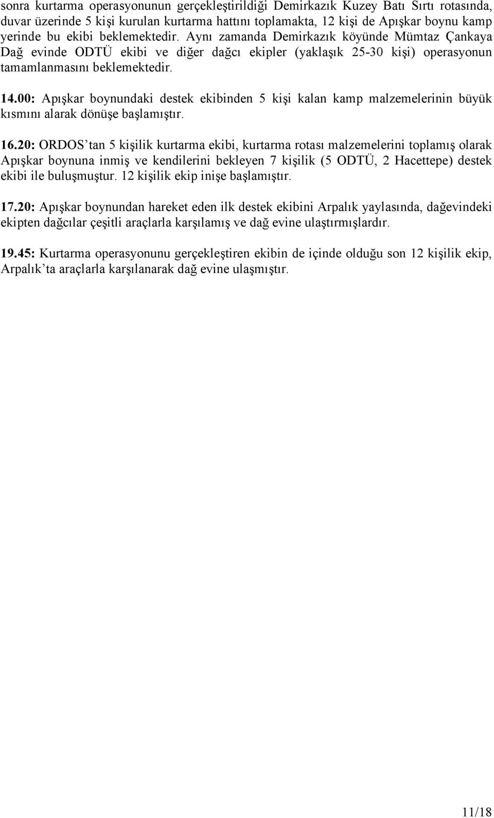 00: Apışkar boynundaki destek ekibinden 5 kişi kalan kamp malzemelerinin büyük kısmını alarak dönüşe başlamıştır. 16.