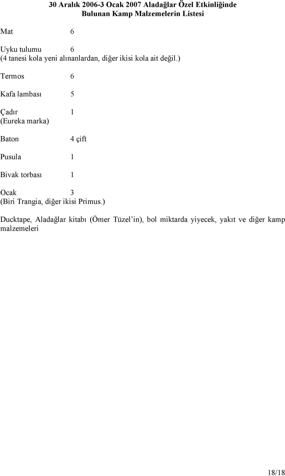 ) Termos 6 Kafa lambası 5 Çadır 1 (Eureka marka) Baton 4 çift Pusula 1 Bivak torbası 1 Ocak 3 (Biri