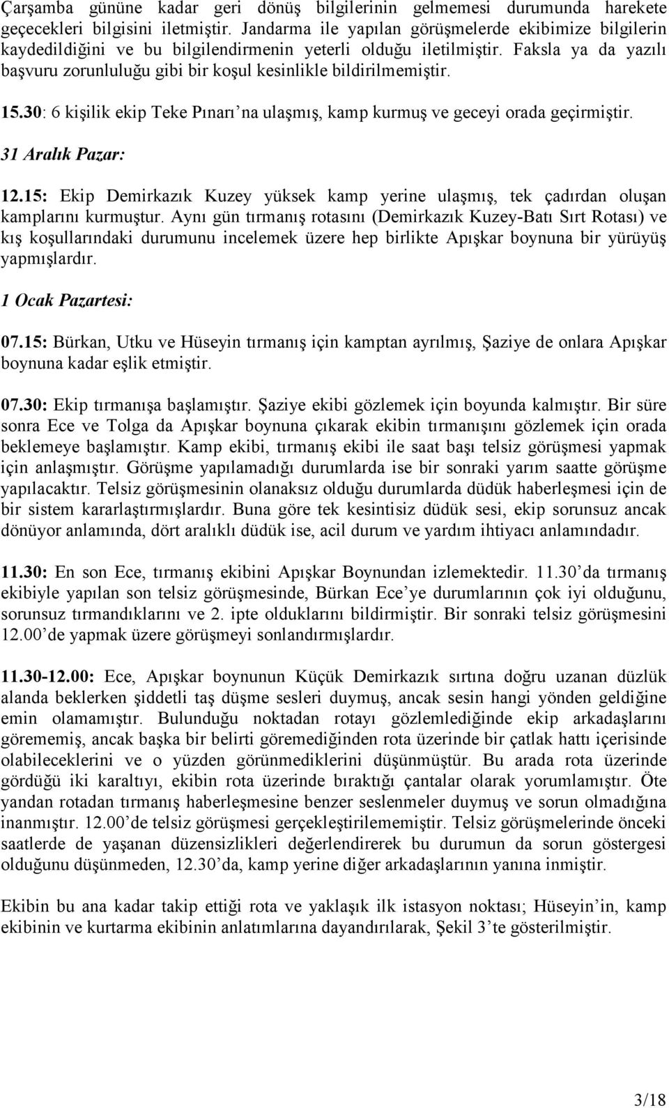 Faksla ya da yazılı başvuru zorunluluğu gibi bir koşul kesinlikle bildirilmemiştir. 15.30: 6 kişilik ekip Teke Pınarı na ulaşmış, kamp kurmuş ve geceyi orada geçirmiştir. 31 Aralık Pazar: 12.