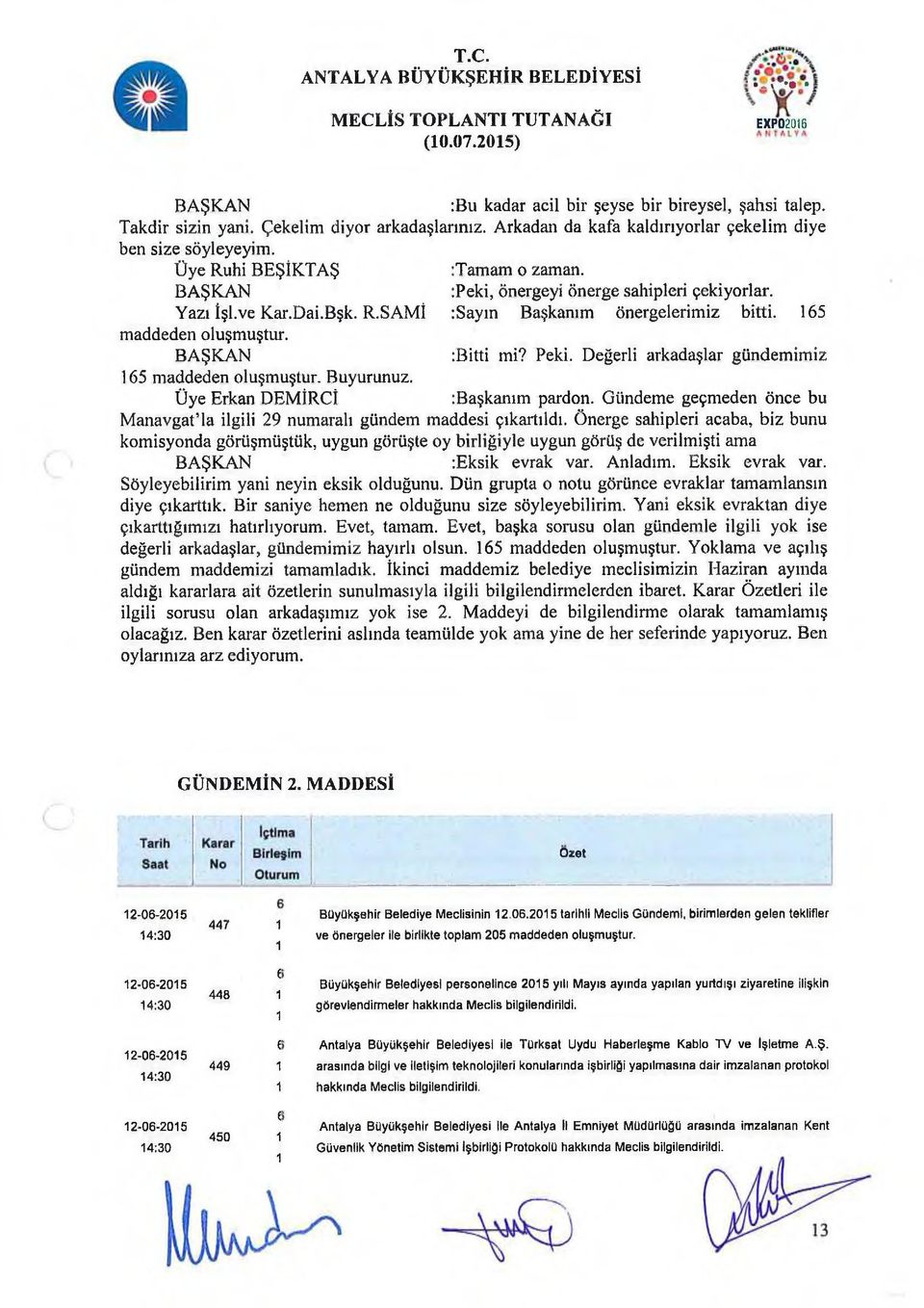 Değerli arkadaşlar gündemimiz 165 maddeden oluşmuştur. Buyurunuz. Üye Erkan DEMİRCİ :Başkanım pardon. Gündeme geçmeden önce bu Manavgat la ilgili 29 numaralı gündem maddesi çıkartıldı.