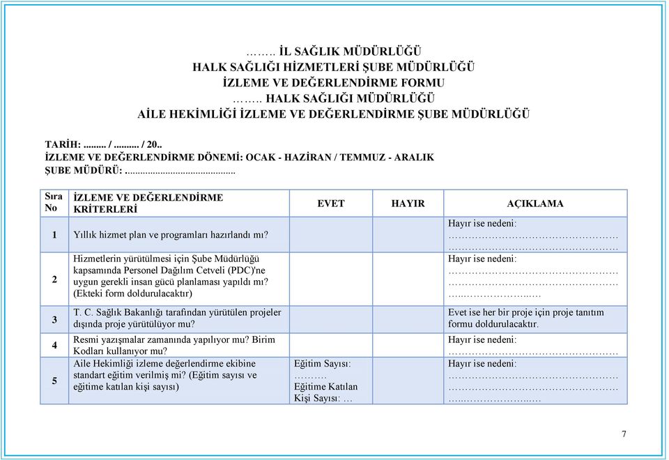 2 3 4 5 Hizmetlerin yürütülmesi için ġube Müdürlüğü kapsamında Personel Dağılım Cetveli (PDC)'ne uygun gerekli insan gücü planlaması yapıldı mı? (Ekteki form doldurulacaktır) T. C. Sağlık Bakanlığı tarafından yürütülen projeler dıģında proje yürütülüyor mu?