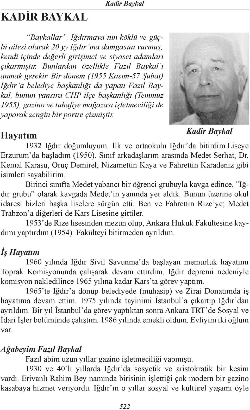 Bir dönem (1955 Kasım-57 Şubat) Iğdır a belediye başkanlığı da yapan Fazıl Baykal, bunun yansıra CHP ilçe başkanlığı (Temmuz 1955), gazino ve tuhafiye mağazası işletmeciliği de yaparak zengin bir