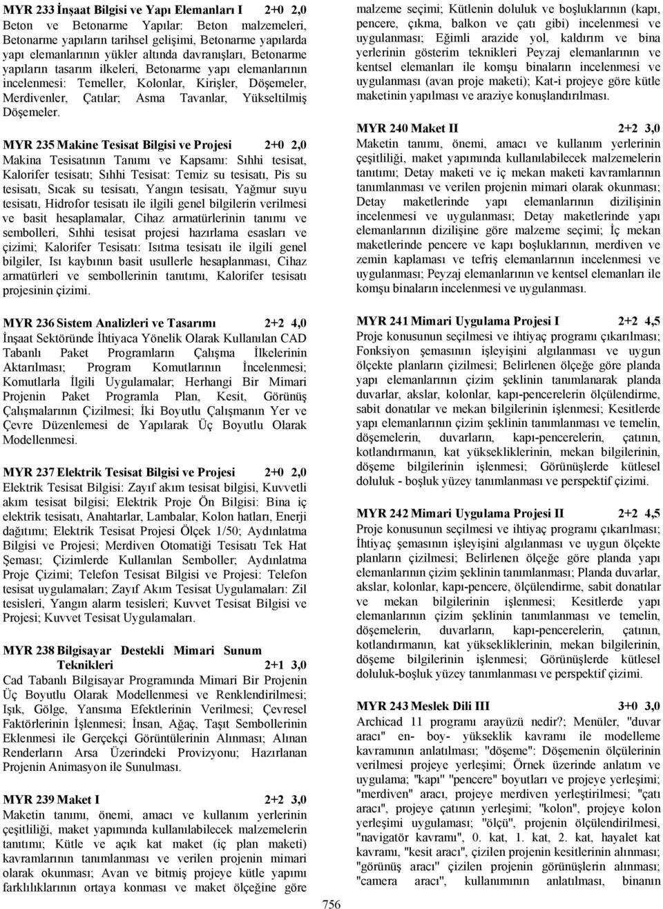 MYR 235 Makine Tesisat Bilgisi ve Projesi 2+0 2,0 Makina Tesisatının Tanımı ve Kapsamı: Sıhhi tesisat, Kalorifer tesisatı; Sıhhi Tesisat: Temiz su tesisatı, Pis su tesisatı, Sıcak su tesisatı, Yangın