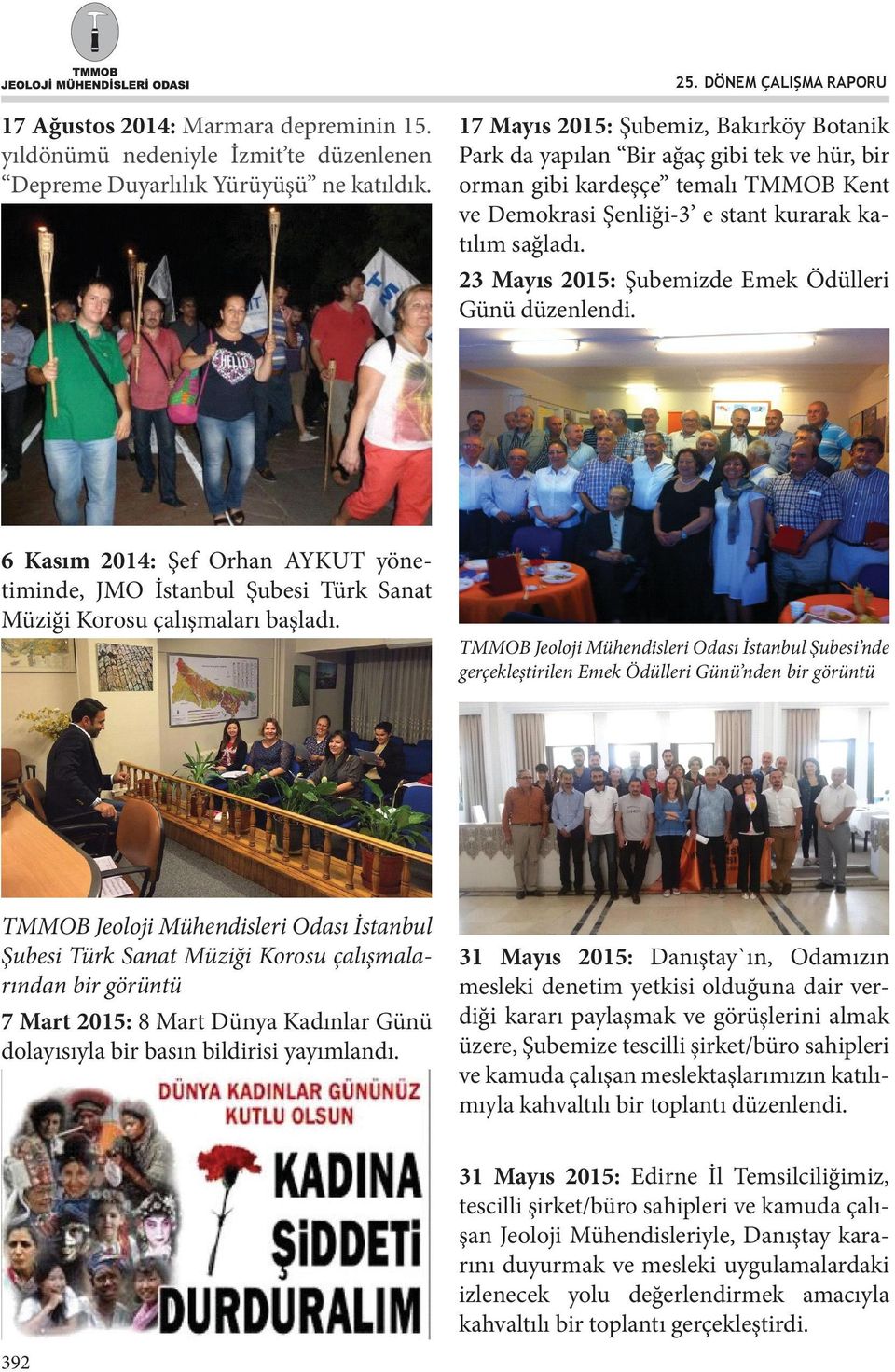 TMMOB Jeoloji Mühendisleri Odası İstanbul Şubesi Türk Sanat Müziği Korosu çalışmalarından bir görüntü 7 Mart 2015: 8 Mart Dünya Kadınlar Günü dolayısıyla bir basın bildirisi yayımlandı.