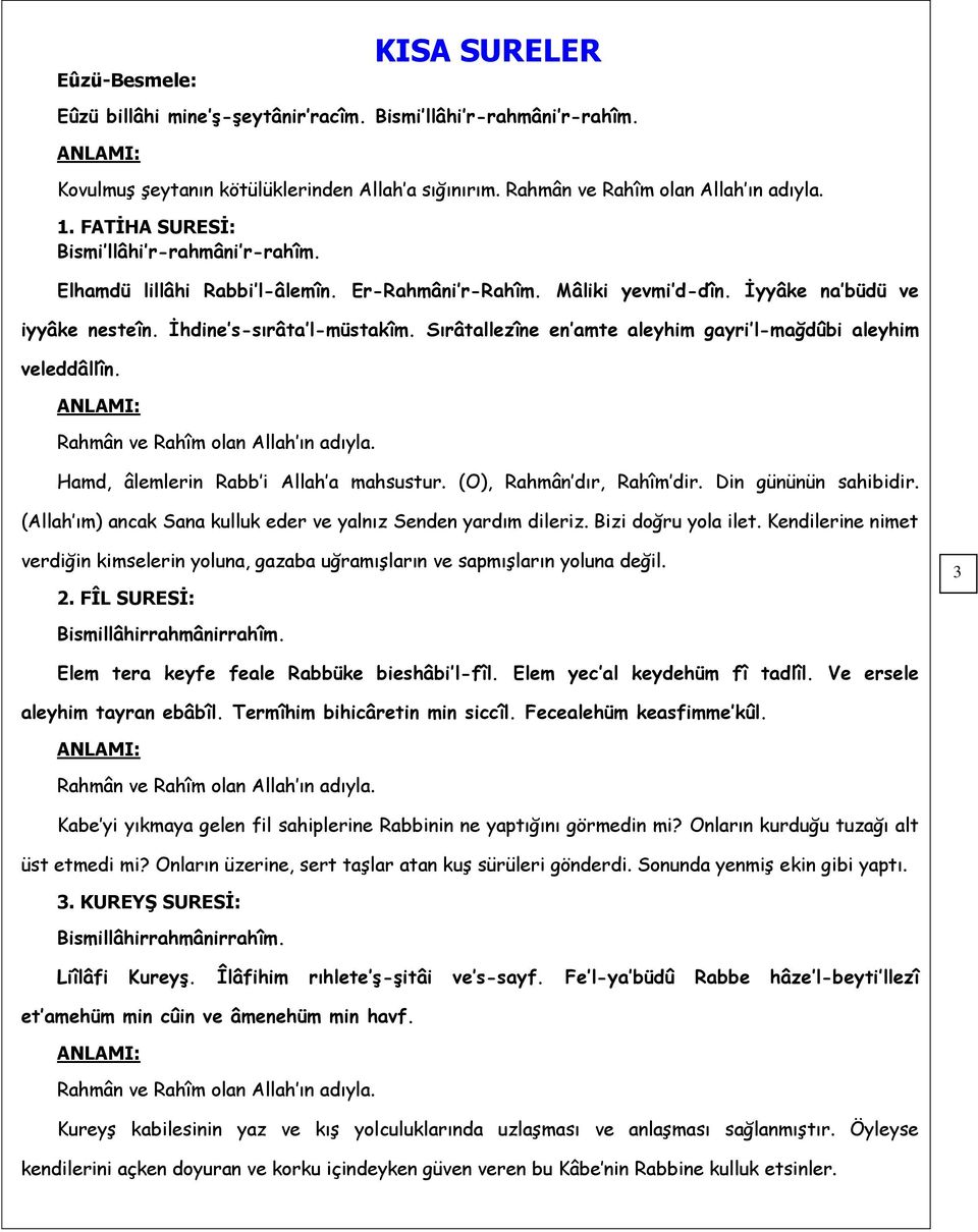 Hamd, âlemlerin Rabb i Allah a mahsustur. (O), Rahmân dır, Rahîm dir. Din gününün sahibidir. (Allah ım) ancak Sana kulluk eder ve yalnız Senden yardım dileriz. Bizi doğru yola ilet.