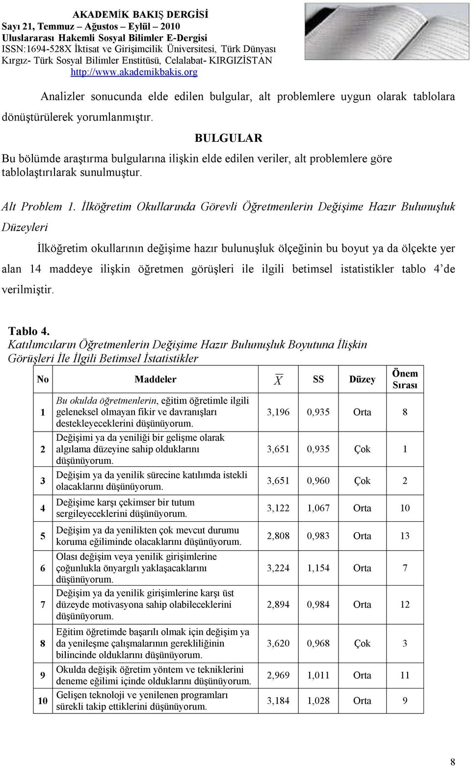 İlköğretim Okullarında Görevli Öğretmenlerin Değişime Hazır Bulunuşluk Düzeyleri İlköğretim okullarının değişime hazır bulunuşluk ölçeğinin bu boyut ya da ölçekte yer alan 14 maddeye ilişkin öğretmen