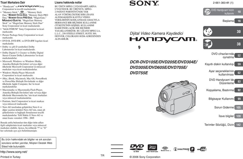 InfoLITHIUM Sony Corporation ın ticari markasıdır. Picture Package Sony Corporation ın ticari markasıdır. DVD-R, DVD-RW, ve DVD+RW logoları ticari markalardır.