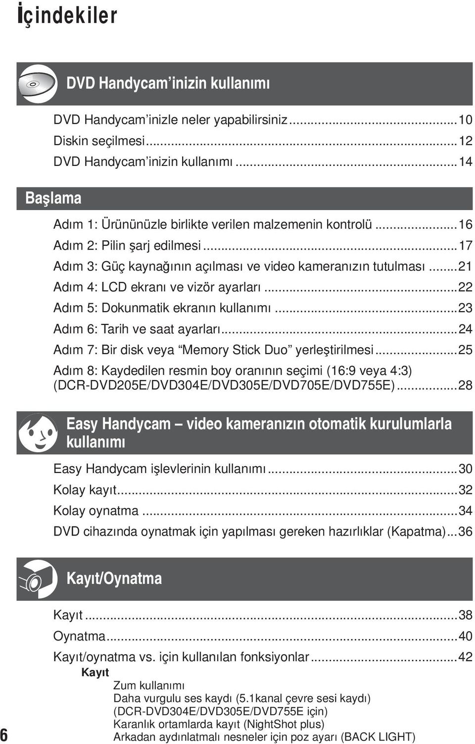 ..21 Adım 4: LCD ekranı ve vizör ayarları...22 Adım 5: Dokunmatik ekranın kullanımı...23 Adım 6: Tarih ve saat ayarları...24 Adım 7: Bir disk veya Memory Stick Duo yerleştirilmesi.