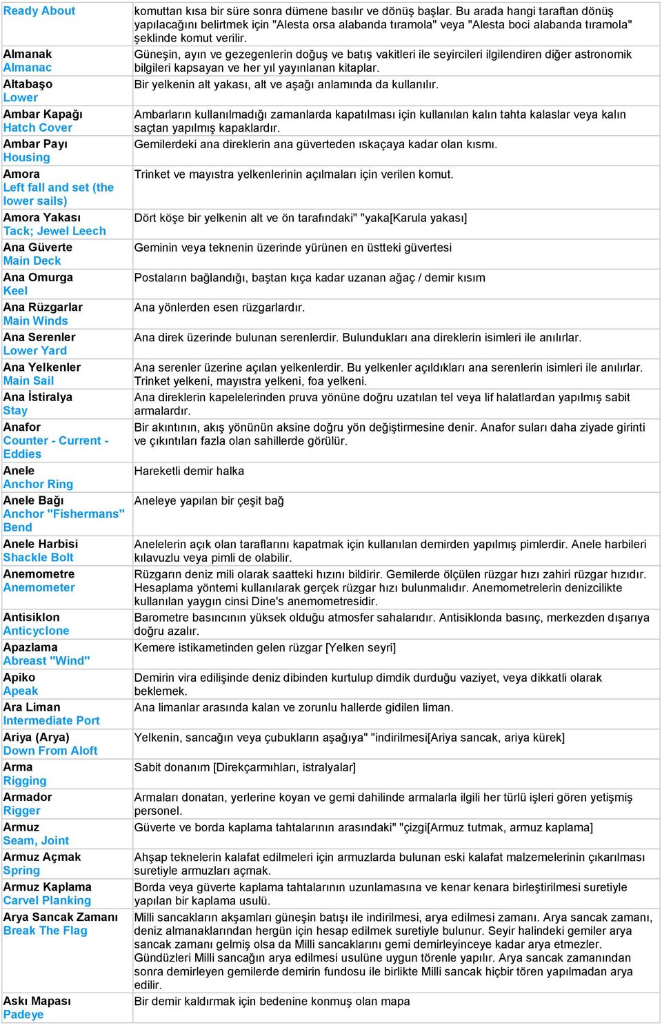 Shackle Bolt Anemometre Anemometer Antisiklon Anticyclone Apazlama Abreast "Wind" Apiko Apeak Ara Liman Intermediate Port Ariya (Arya) Down From Aloft Arma Rigging Armador Rigger Armuz Seam, Joint