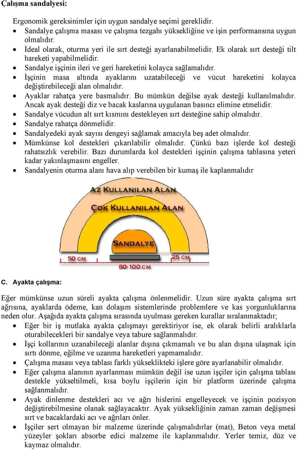 İşçinin masa altında ayaklarını uzatabileceği ve vücut hareketini kolayca değiştirebileceği alan olmalıdır. Ayaklar rahatça yere basmalıdır. Bu mümkün değilse ayak desteği kullanılmalıdır.