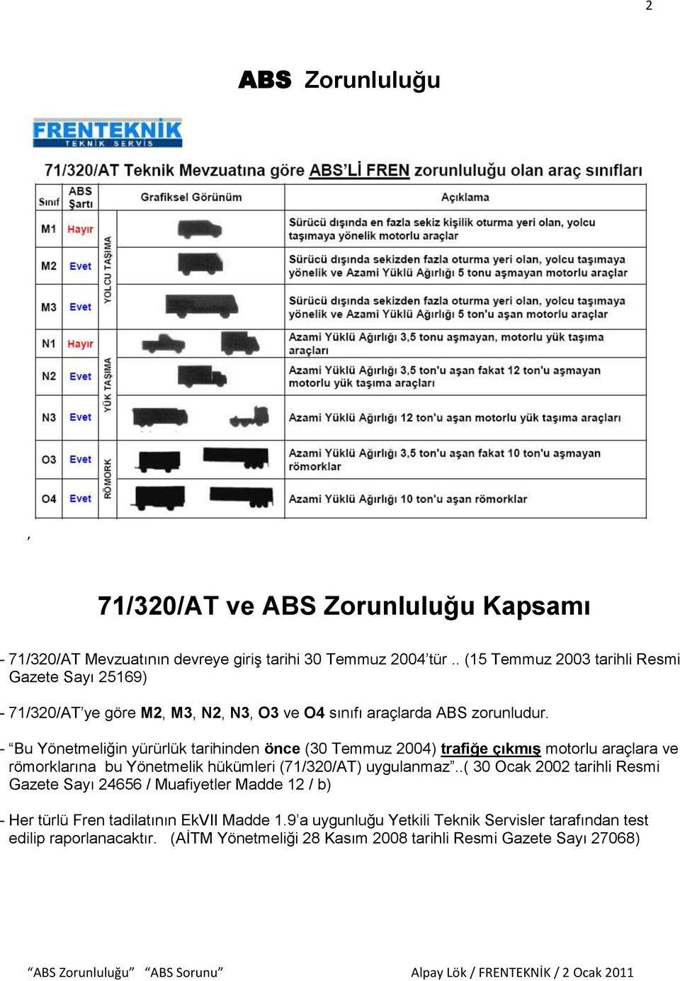 - Bu Yönetmeliğin yürürlük tarihinden önce (30 Temmuz 2004) trafiğe çıkmış motorlu araçlara ve römorklarına bu Yönetmelik hükümleri (71/320/AT) uygulanmaz.