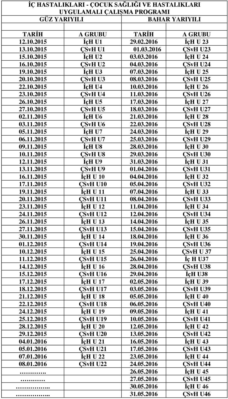 10.2015 ÇSvH U4 11.03.2016 ÇSvH U26 26.10.2015 İçH U5 17.03.2016 İçH U 27 27.10.2015 ÇSvH U5 18.03.2016 ÇSvH U27 02.11.2015 İçH U6 21.03.2016 İçH U 28 03.11.2015 ÇSvH U6 22.03.2016 ÇSvH U28 05.11.2015 İçH U7 24.