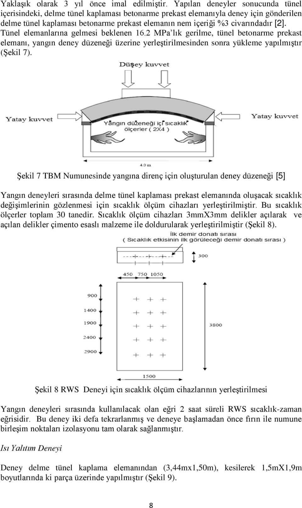 [2]. Tünel elemanlarına gelmesi beklenen 16.2 MPa lık gerilme, tünel betonarme prekast elemanı, yangın deney düzeneği üzerine yerleştirilmesinden sonra yükleme yapılmıştır (Şekil 7).