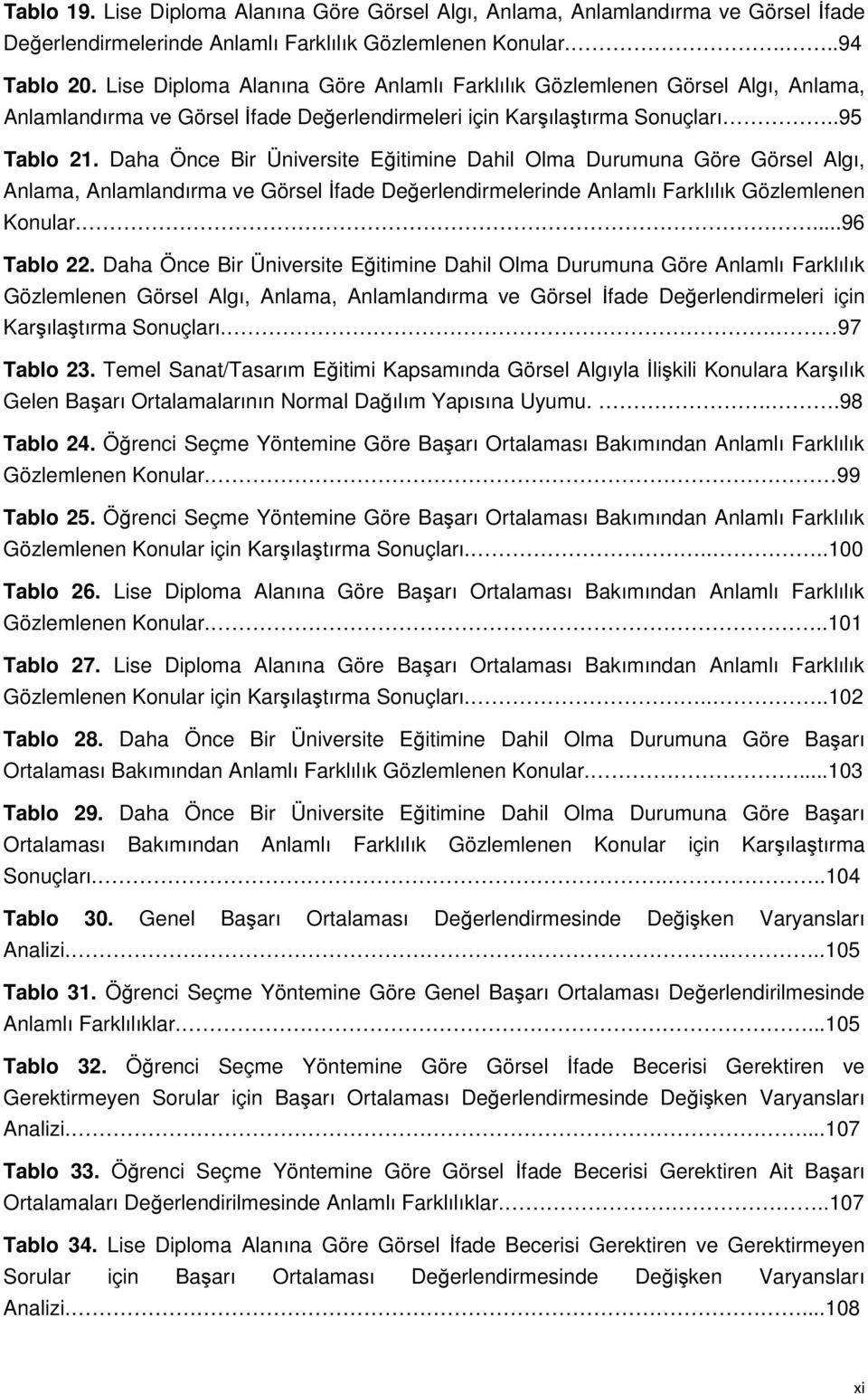 Daha Önce Bir Üniversite Eğitimine Dahil Olma Durumuna Göre Görsel Algı, Anlama, Anlamlandırma ve Görsel İfade Değerlendirmelerinde Anlamlı Farklılık Gözlemlenen Konular....96 Tablo 22.