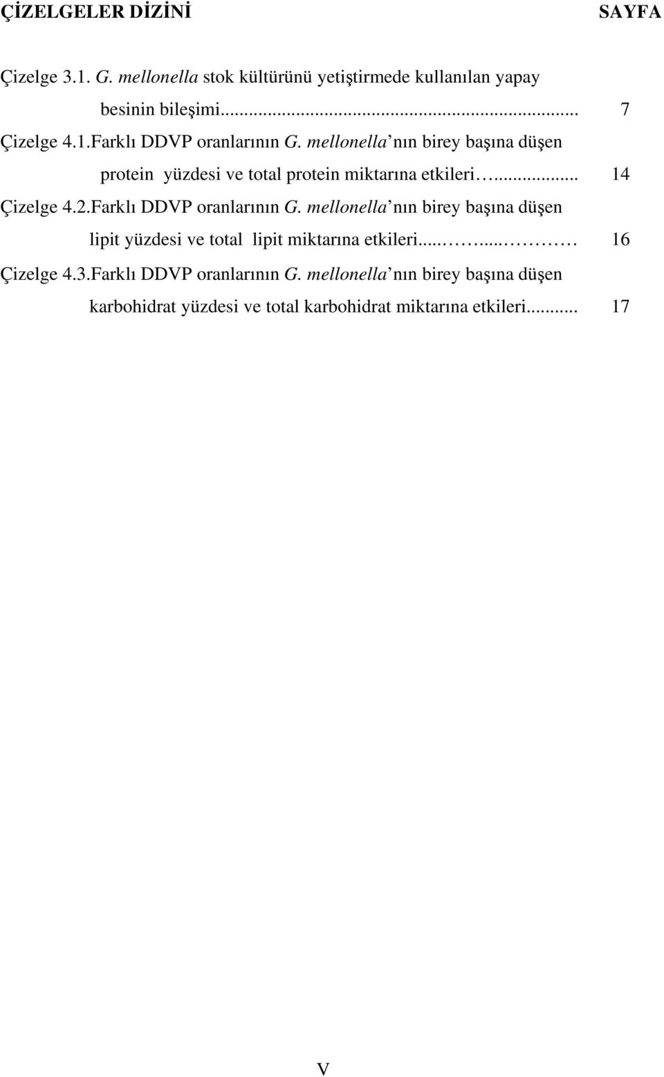 mellonella nın birey başına düşen lipit yüzdesi ve total lipit miktarına etkileri...... 16 Çizelge 4.3.Farklı DDVP oranlarının G.