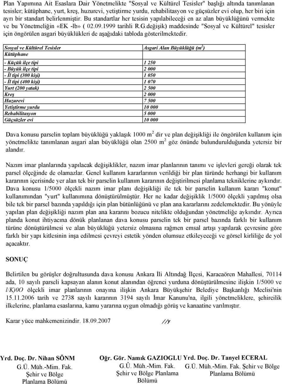 değişik) maddesinde "Sosyal ve Kültürel" tesisler için öngörülen asgari büyüklükleri de aşağıdaki tabloda gösterilmektedir.