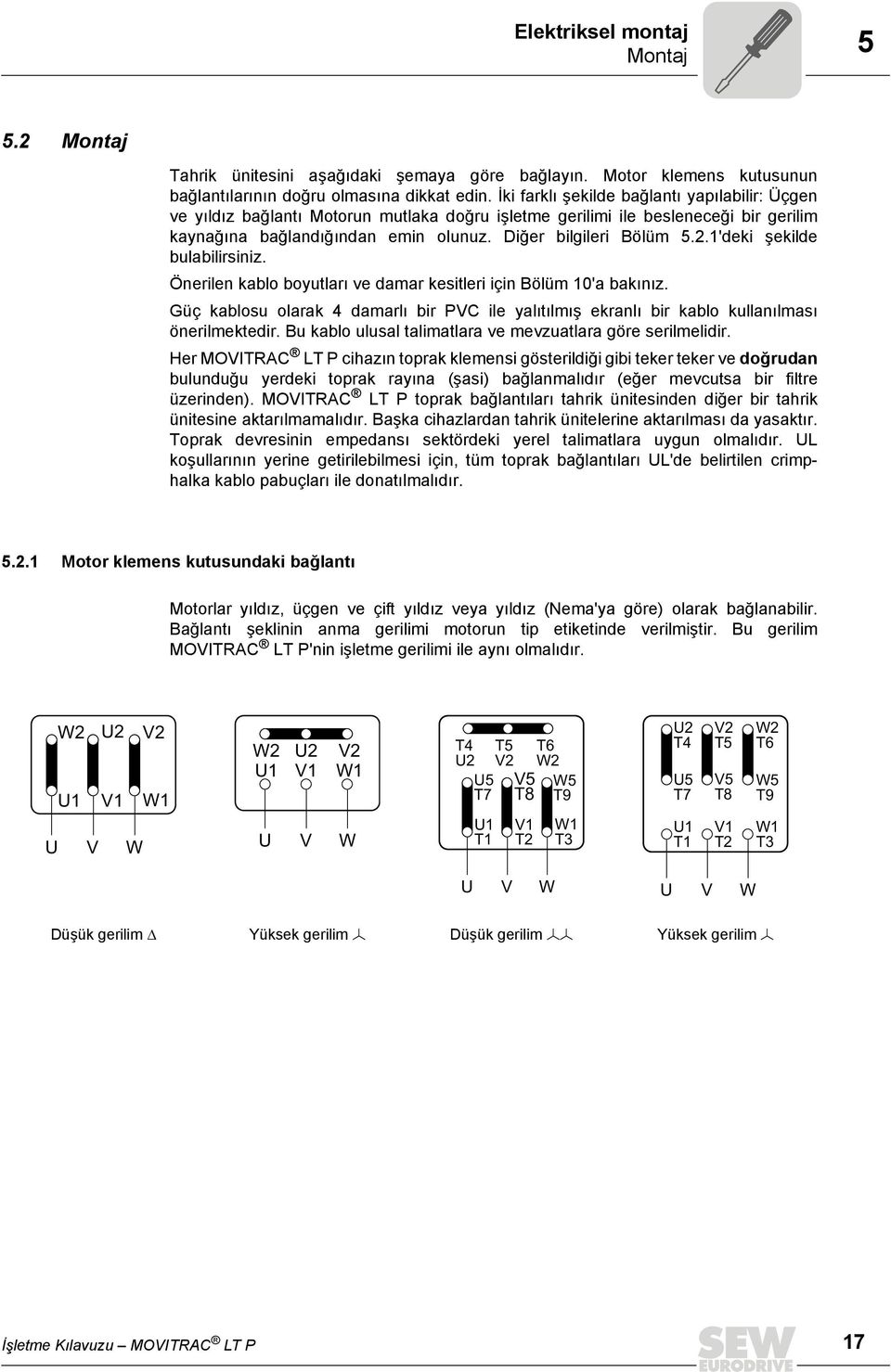 1'deki şekilde bulabilirsiniz. Önerilen kablo boyutları ve damar kesitleri için Bölüm 10'a bakınız. Güç kablosu olarak 4 damarlı bir PVC ile yalıtılmış ekranlı bir kablo kullanılması önerilmektedir.