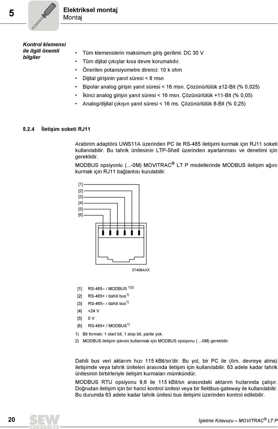 Çözünürlülük ±12-Bit (% 0,025) İkinci analog girişin yanıt süresi < 16 msn. Çözünürlülük +11-Bit (% 0,05) Analog/dijital çıkışın yanıt süresi < 16 ms. Çözünürlülük 8-Bit (% 0,25) 5.2.4 İletişim soketi RJ11 Arabirim adaptörü UWS11A üzerinden PC ile RS-485 iletişimi kurmak için RJ11 soketi kullanılabilir.