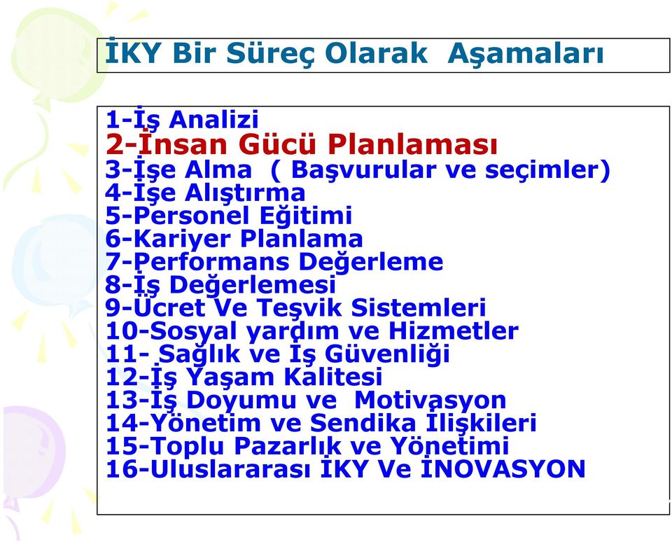 Teşvik Sistemleri 10-Sosyal yardım ve Hizmetler 11- Sağlık ve İş Güvenliği 12-İş Yaşam Kalitesi 13-İş Doyumu