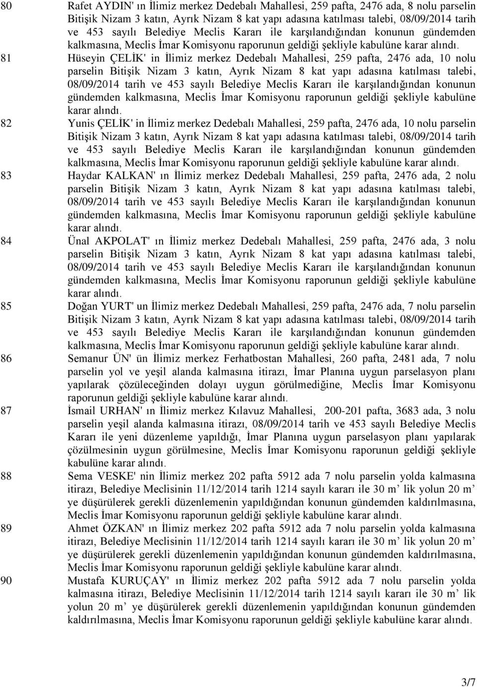 şekliyle kabulüne 83 Haydar KALKAN' ın İlimiz merkez Dedebalı Mahallesi, 259 pafta, 2476 ada, 2 nolu 84 Ünal AKPOLAT' ın İlimiz merkez Dedebalı Mahallesi, 259 pafta, 2476 ada, 3 nolu 85 Doğan YURT'