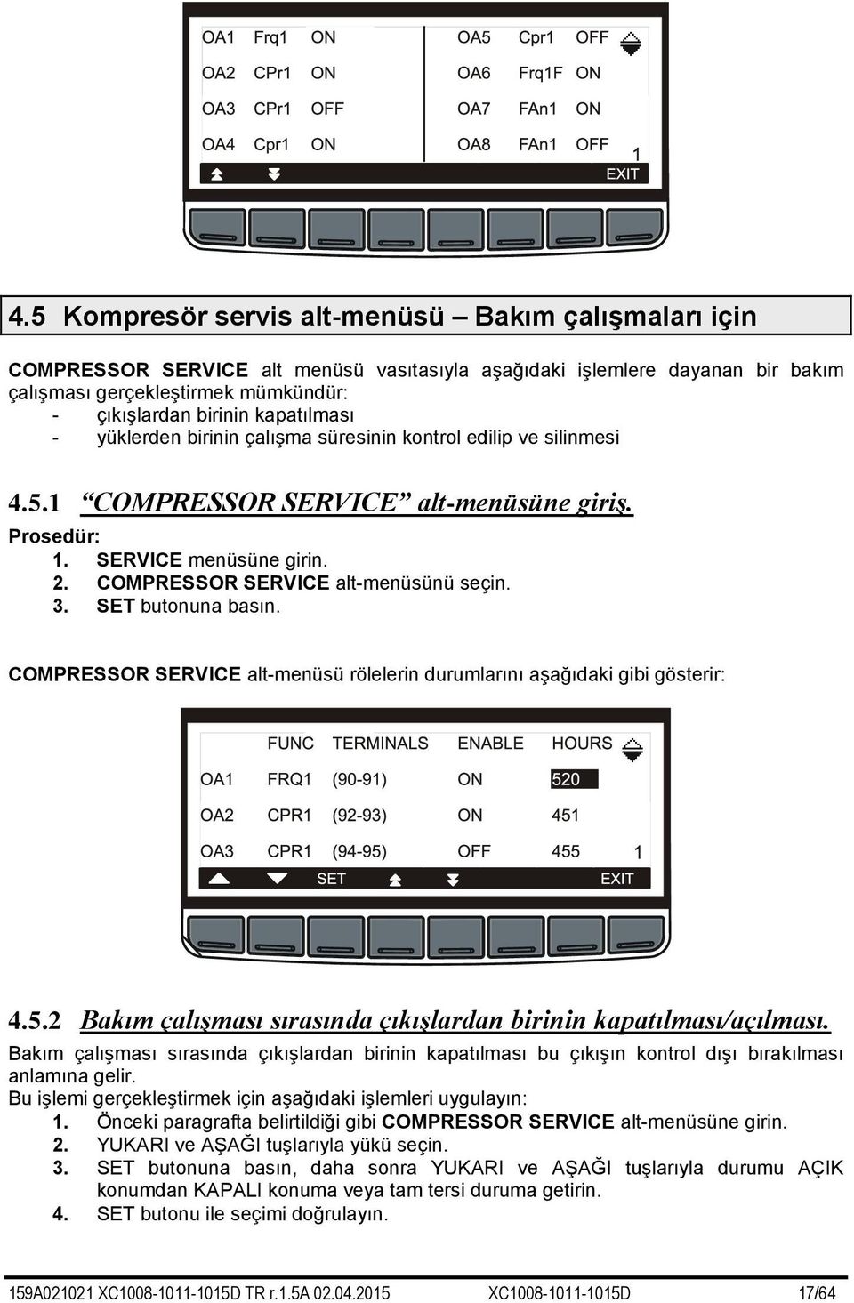 COMPRESSOR SERVICE alt-menüsünü seçin. 3. SET butonuna basın. COMPRESSOR SERVICE alt-menüsü rölelerin durumlarını aşağıdaki gibi gösterir: 4.5.