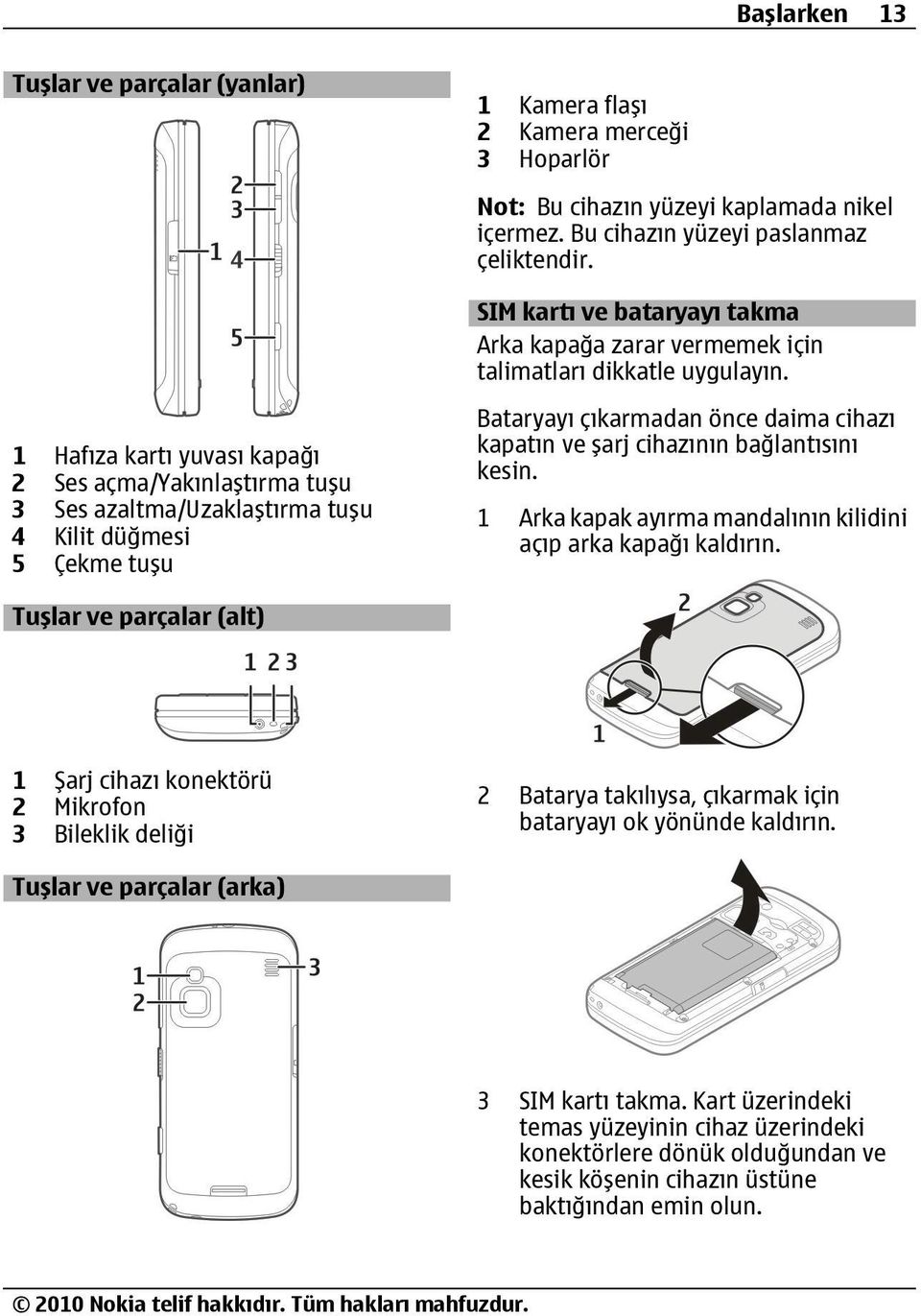 1 Hafıza kartı yuvası kapağı 2 Ses açma/yakınlaştırma tuşu 3 Ses azaltma/uzaklaştırma tuşu 4 Kilit düğmesi 5 Çekme tuşu Bataryayı çıkarmadan önce daima cihazı kapatın ve şarj cihazının bağlantısını