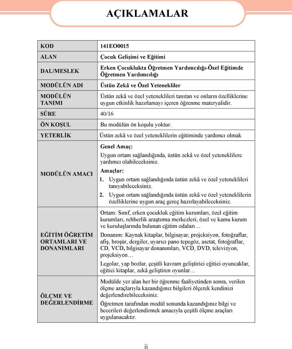 SÜRE 40/16 ÖN KOŞUL YETERLİK MODÜLÜN AMACI EĞİTİM ÖĞRETİM ORTAMLARI VE DONANIMLARI ÖLÇME VE DEĞERLENDİRME Bu modülün ön koşulu yoktur.