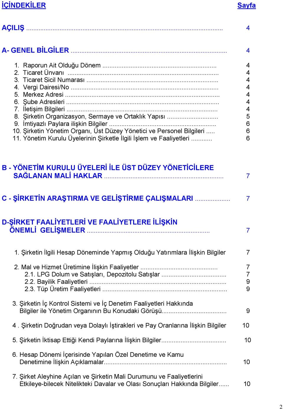 Şirketin Yönetim Organı, Üst Düzey Yönetici ve Personel Bilgileri... 6 11. Yönetim Kurulu Üyelerinin Şirketle İlgili İşlem ve Faaliyetleri.