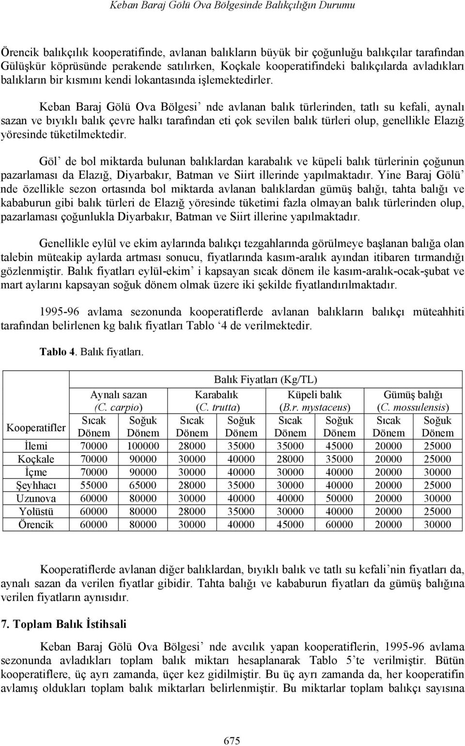 Keban Baraj Gölü Ova Bölgesi nde avlanan balık türlerinden, tatlı su kefali, aynalı sazan ve bıyıklı balık çevre halkı tarafından eti çok sevilen balık türleri olup, genellikle Elazığ yöresinde