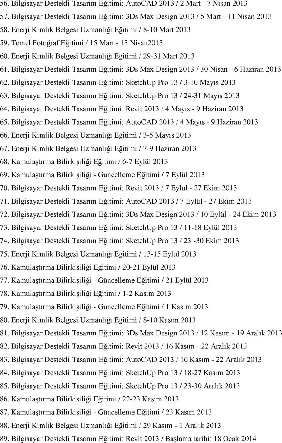 Bilgisayar Destekli Tasarım Eğitimi: 3Ds Max Design 2013 / 30 Nisan - 6 Haziran 2013 62. Bilgisayar Destekli Tasarım Eğitimi: SketchUp Pro 13 / 3-10 Mayıs 2013 63.