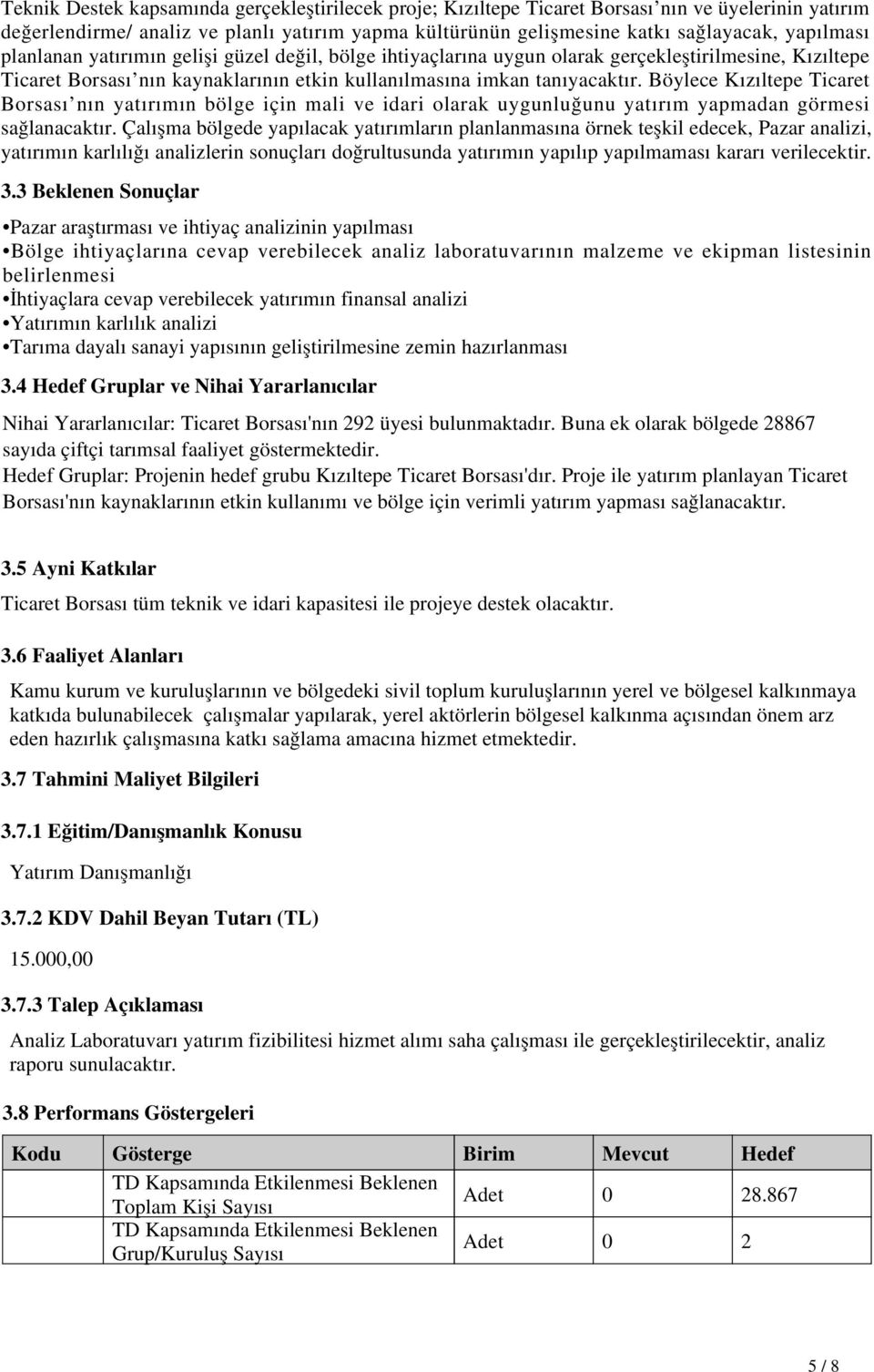 Böylece Kızıltepe Ticaret Borsası nın yatırımın bölge için mali ve idari olarak uygunluğunu yatırım yapmadan görmesi sağlanacaktır.