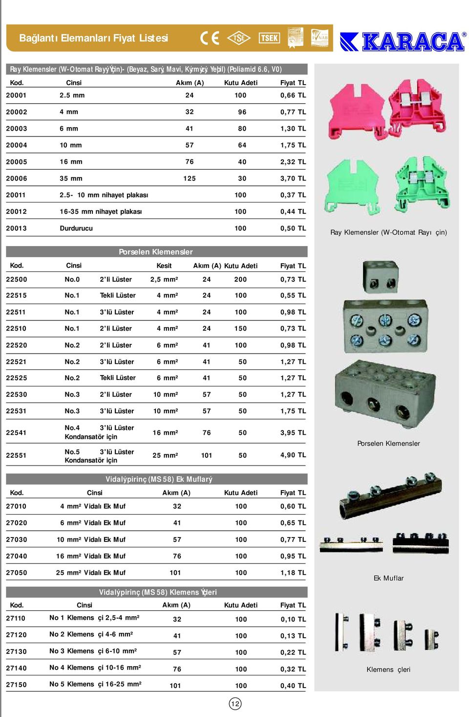 - mm nihayet plakası 0 0,37 TL 2-3 mm nihayet plakası 0 0,44 TL 3 Durdurucu 0 0, TL Ray Klemensler (W-Otomat Rayı İçin) Porselen Klemensler. Cinsi Kesit Akım (A) 2 No.