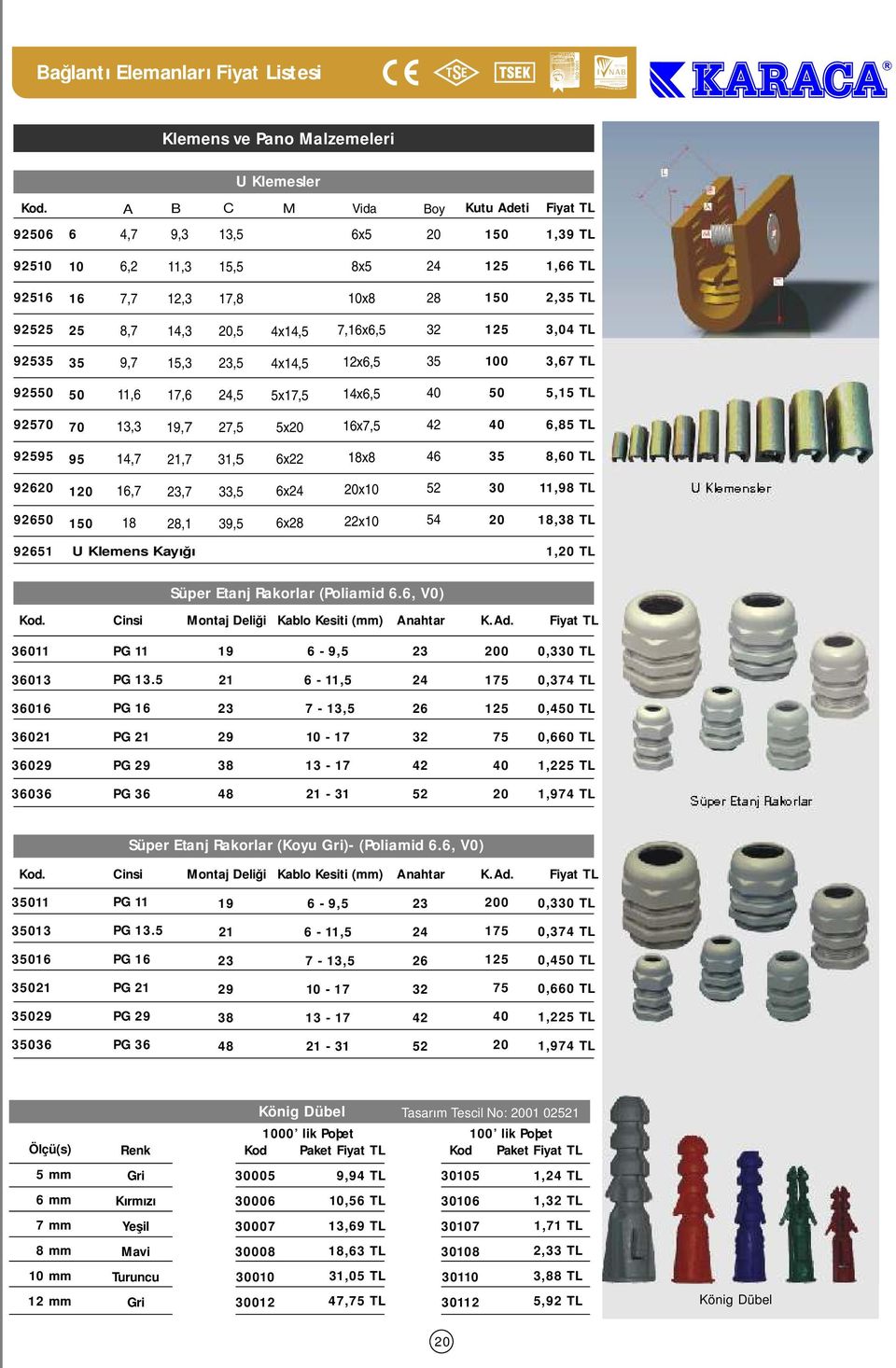 TL 929 9 4,7 2,7 3, x22 x 4 3, TL 92,7 23,7 33, x x 2,9 TL U Klemensler 92 2, 39, x2 22x 4,3 TL 92 U Klemens Kayığı, TL Süper Etanj Rakorlar (Poliamid., V0).