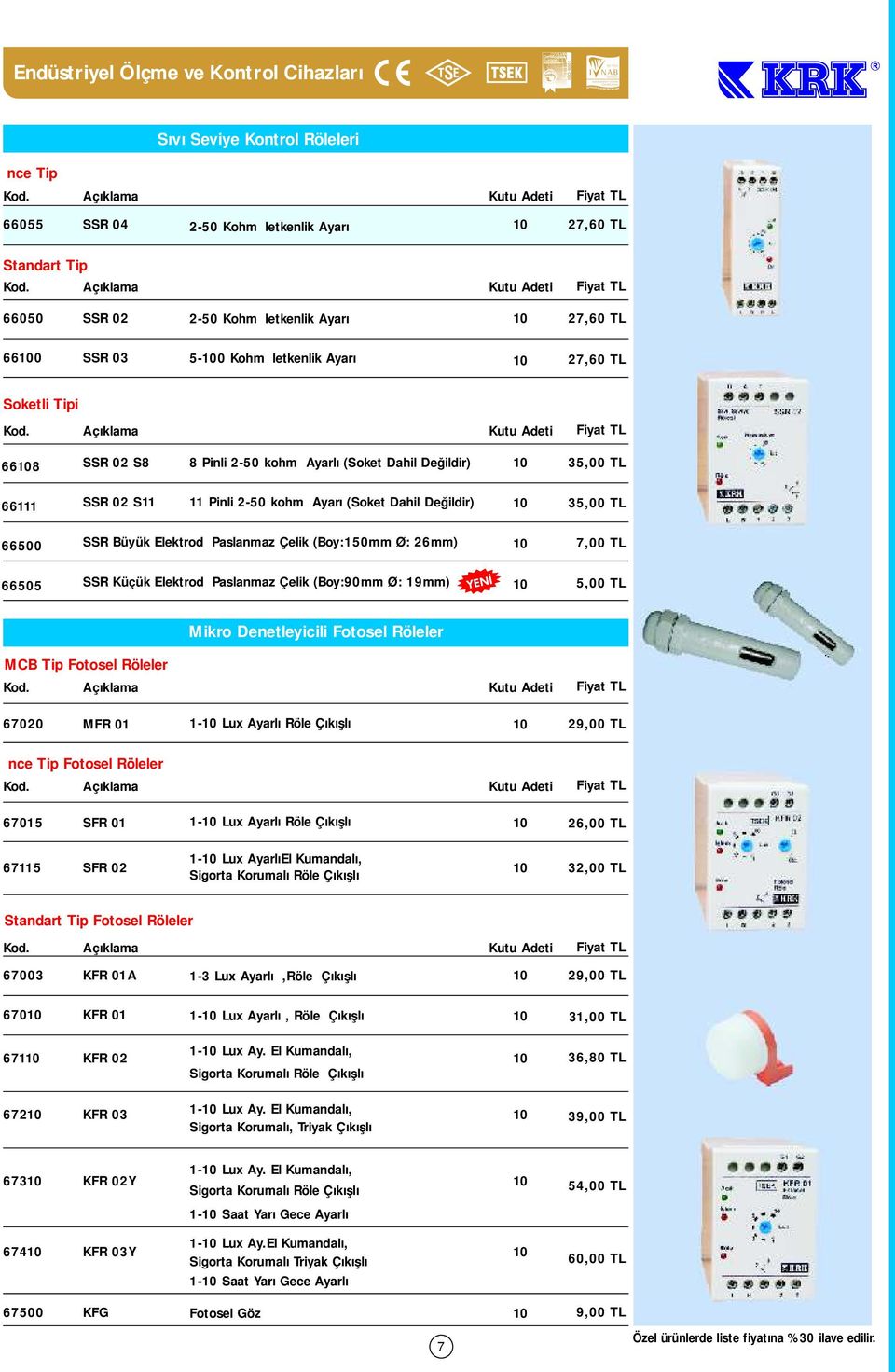 Açıklama SSR 02 S Pinli 2- kohm Ayarlı (Soket Dahil Değildir) 3,00 TL SSR 02 S Pinli 2- kohm Ayarı (Soket Dahil Değildir) 3,00 TL SSR Büyük Elektrod Paslanmaz Çelik (Boy:mm Ø: 2mm) 7,00 TL SSR Küçük