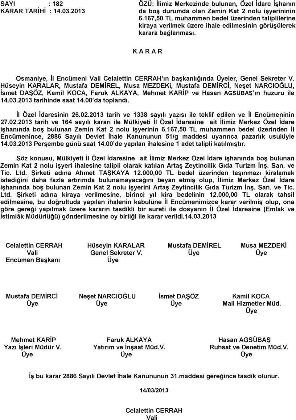 Osmaniye, İl Encümeni Vali Celalettin CERRAH ın başkanlığında ler, Genel Sekreter V. 14.03.2013 tarihinde saat 14.00 da toplandı. İl Özel İdaresinin 26.02.