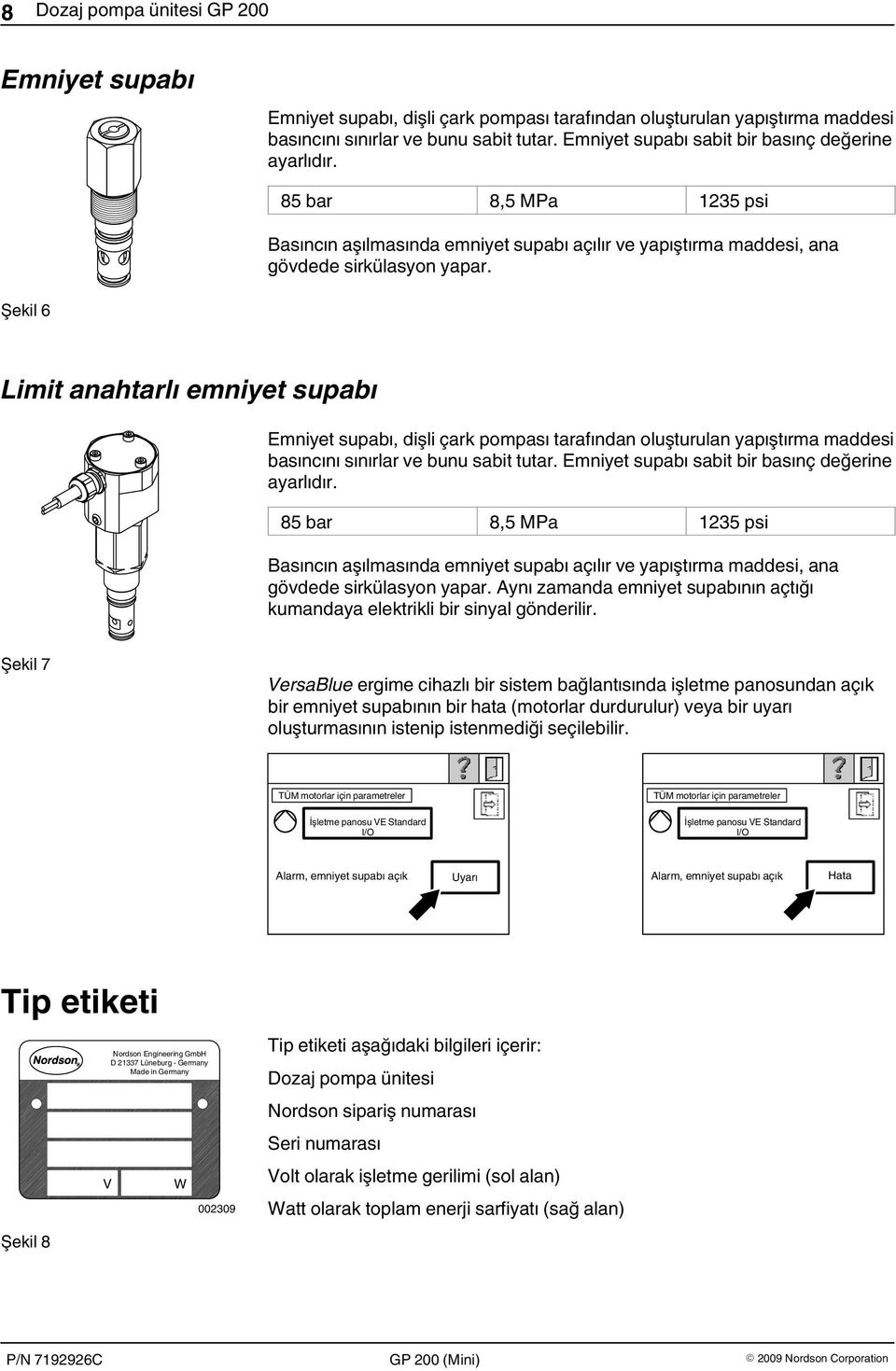 Şekil 6 Limit anahtarlı emniyet supabı Emniyet supabı, dişli çark pompası tarafından oluşturulan yapıştırma maddesi basıncını sınırlar ve bunu sabit tutar.