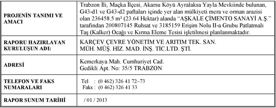 AE ÇİMENTO SANAYİ A.Ş. tarafından IIa Grubu Patlatmalı Taş (Kalker) Ocağı ve Kırma Eleme Tesisi işletilmesi planlanmaktadır.