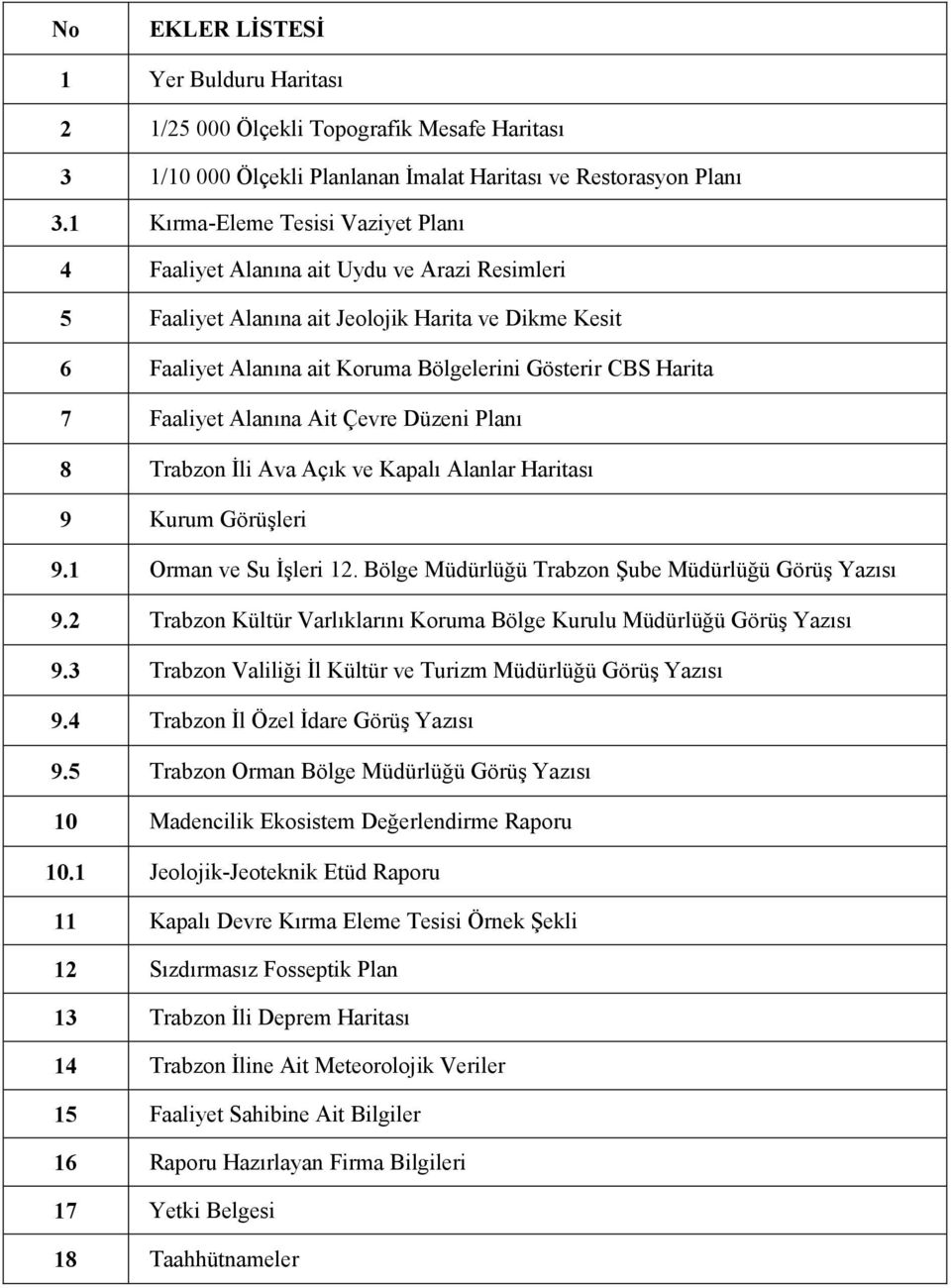 Faaliyet Alanına Ait Çevre Düzeni Planı 8 Trabzon İli Ava Açık ve Kapalı Alanlar Haritası 9 Kurum Görüşleri 9. Orman ve Su İşleri 2. Bölge Müdürlüğü Trabzon Şube Müdürlüğü Görüş Yazısı 9.