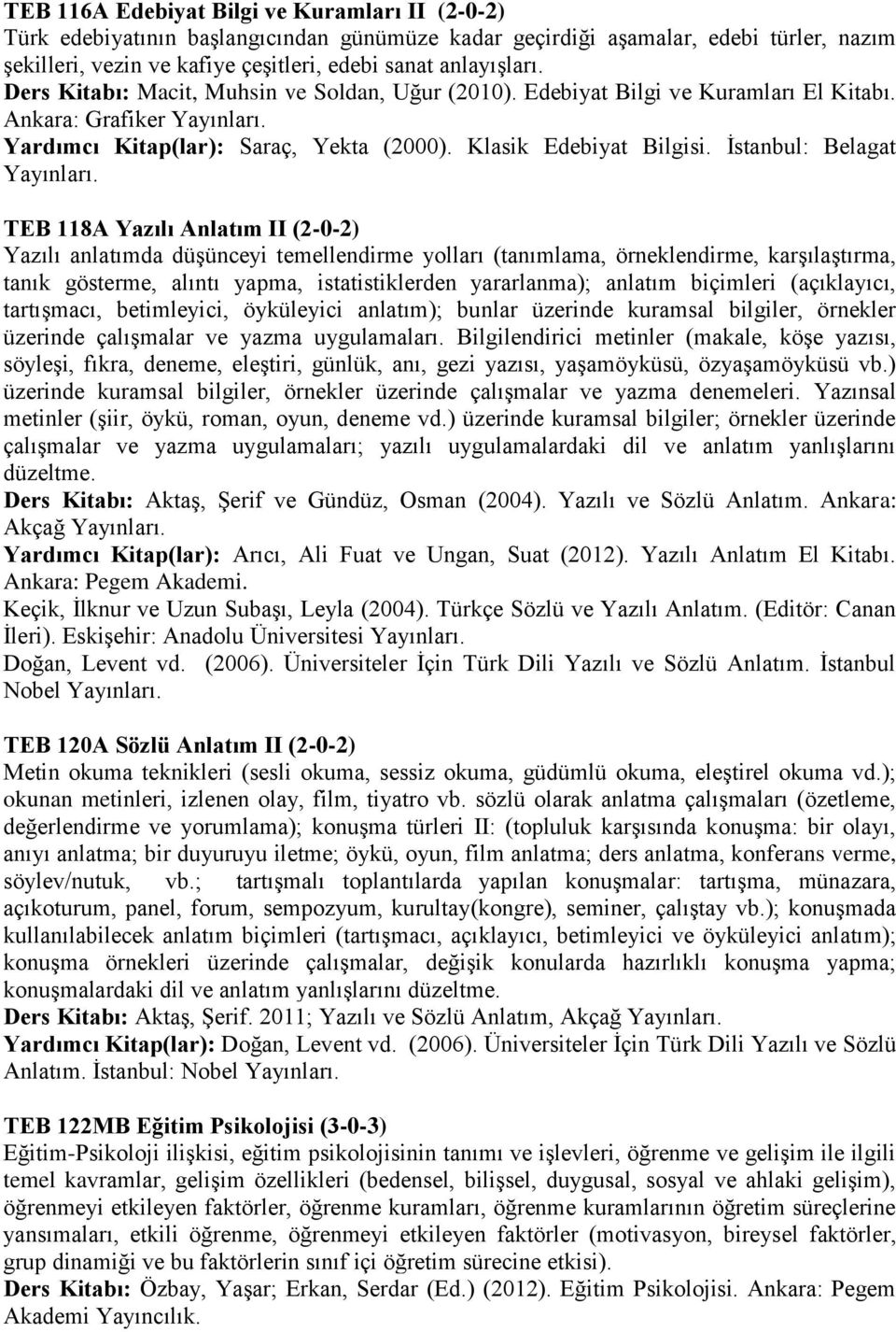 İstanbul: Belagat TEB 118A Yazılı Anlatım II (2-0-2) Yazılı anlatımda düşünceyi temellendirme yolları (tanımlama, örneklendirme, karşılaştırma, tanık gösterme, alıntı yapma, istatistiklerden