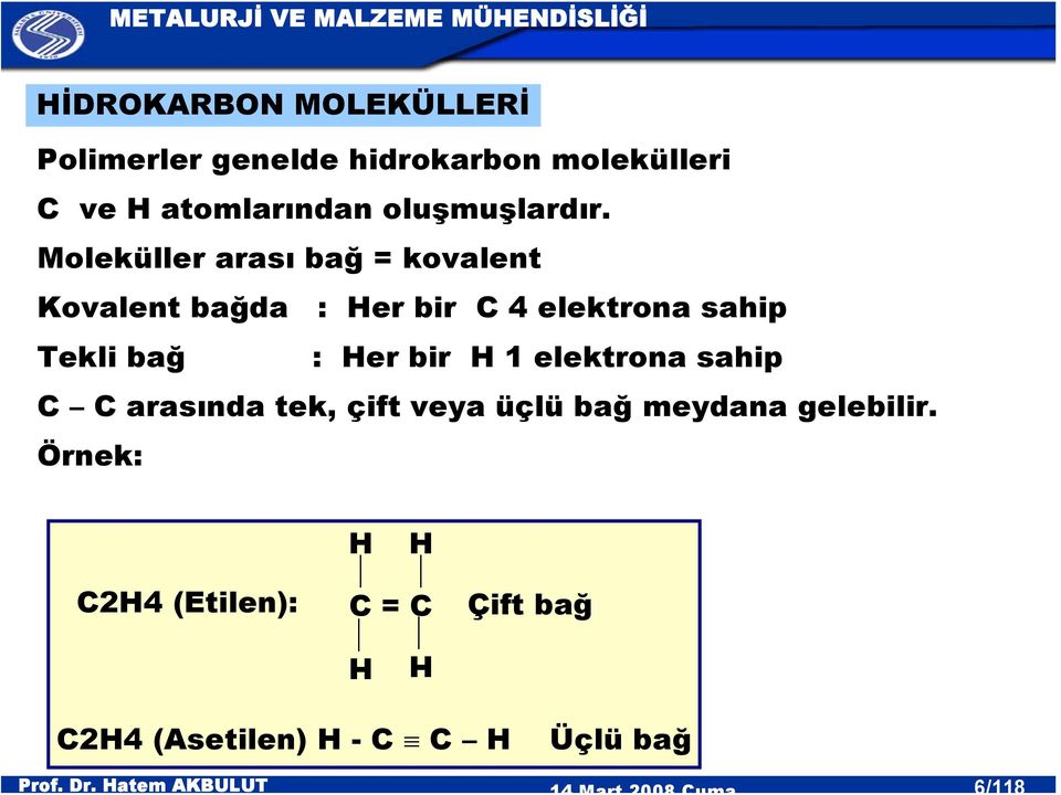 Moleküller arası bağ = kovalent Kovalent bağda : Her bir C 4 elektrona sahip Tekli bağ :