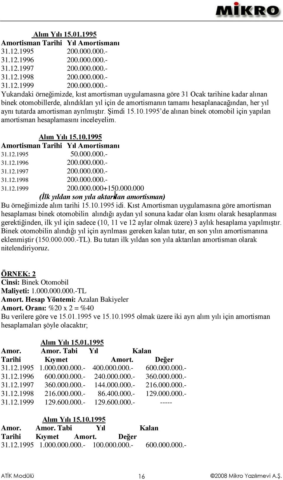 otomobillerde, alındıkları yıl için de amortismanın tamamı hesaplanacağından, her yıl aynı tutarda amortisman ayrılmıştır. Şimdi 15.10.