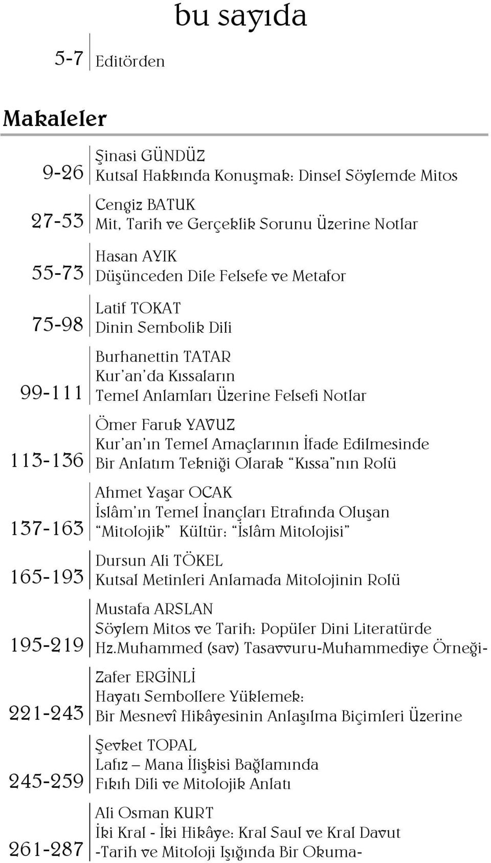 Ömer Faruk YAVUZ Kur an ın Temel Amaçlarının Ġfade Edilmesinde Bir Anlatım Tekniği Olarak Kıssa nın Rolü Ahmet YaĢar OCAK Ġslâm ın Temel Ġnançları Etrafında OluĢan Mitolojik Kültür: Ġslâm Mitolojisi