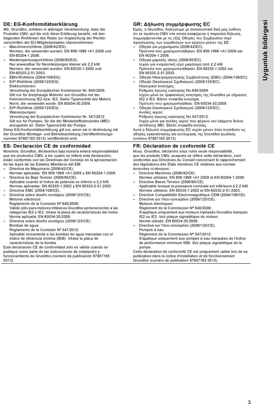 Niederspannungsrichtlinie (2006/95/EG). Nur anwendbar für Nennleistungen kleiner als 2,2 kw. Normen, die verwendet wurden: EN 60335-1:2002 und EN 60335-2-51:2003. EMV-Richtlinie (2004/108/EG).