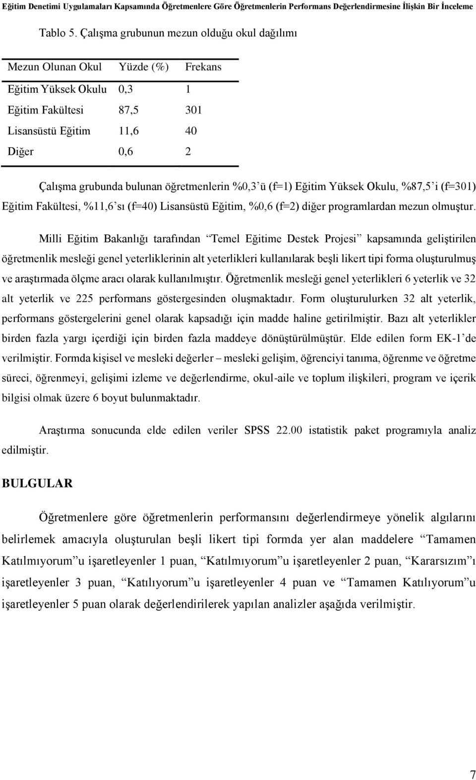 öğretmenlerin %0,3 ü (f=1) Eğitim Yüksek Okulu, %87,5 i (f=301) Eğitim Fakültesi, %11,6 sı (f=40) Lisansüstü Eğitim, %0,6 (f=2) diğer programlardan mezun olmuştur.