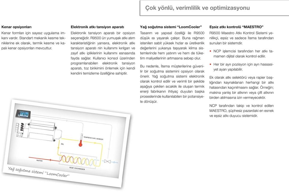 R9500 ün yumușak atkı atım karakteristiğinin yanısıra, elektronik atkı tansiyon aparatı nin kullanımı kırılgan ve zayıf atkı ipliklerinin kullanımı esnasında fayda sağlar.