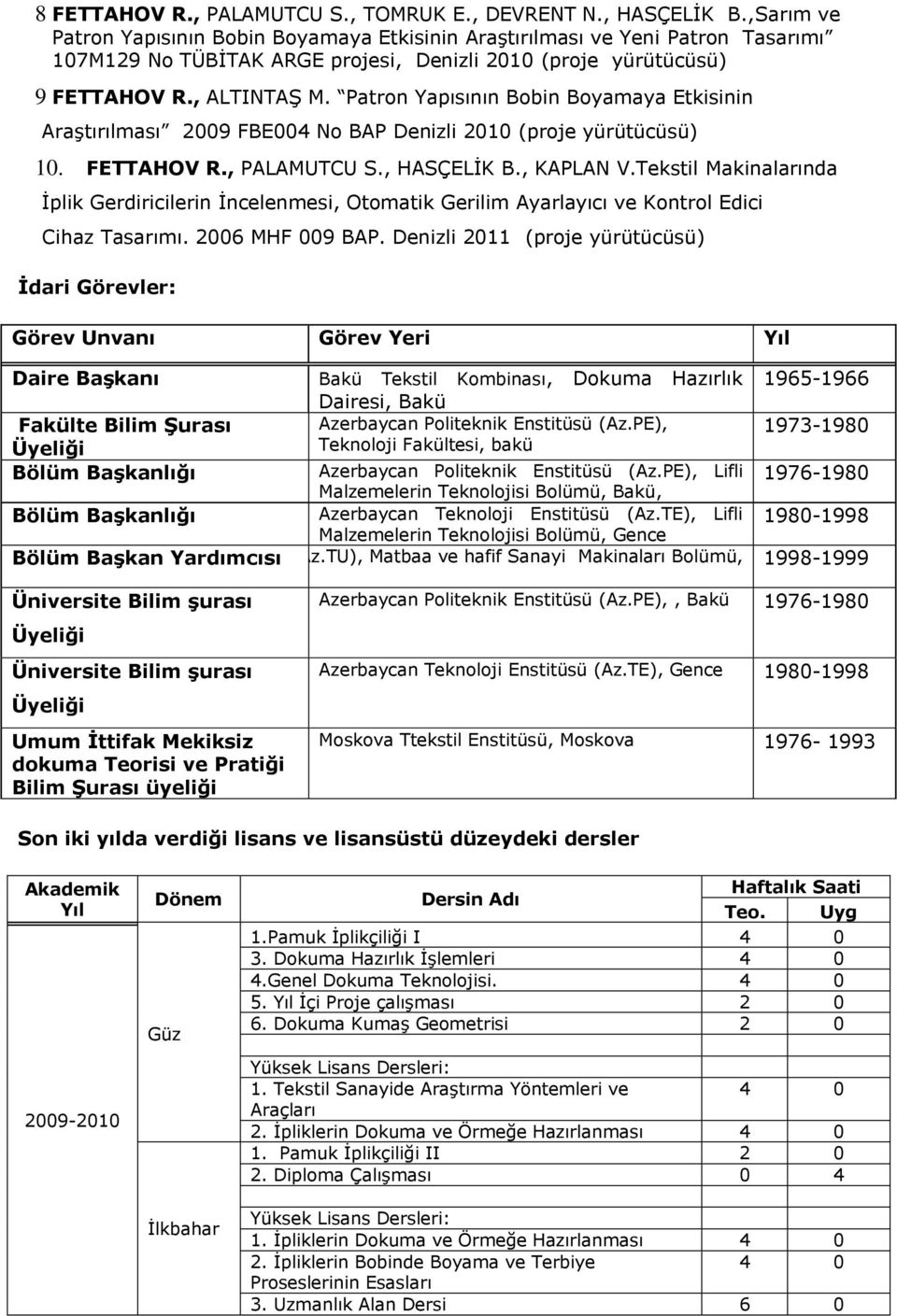 Patron Yapısının Bobin Boyamaya Etkisinin Araştırılması 2009 FBE004 No BAP Denizli 2010 (proje yürütücüsü) 10. FETTAHOV R., PALAMUTCU S., HASÇELİK B., KAPLAN V.