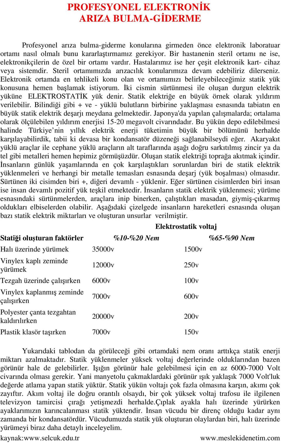 Steril ortamımızda arızacılık konularımıza devam edebiliriz dilerseniz. Elektronik ortamda en tehlikeli konu olan ve ortamımızı belirleyebileceğimiz statik yük konusuna hemen başlamak istiyorum.